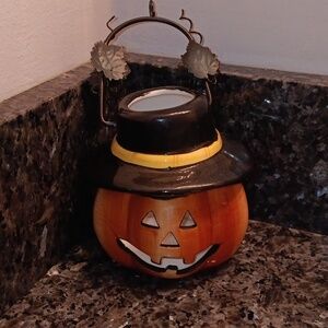 Vintage Halloween Pumpkin Tea Light Holder Ceramic Hand Painted